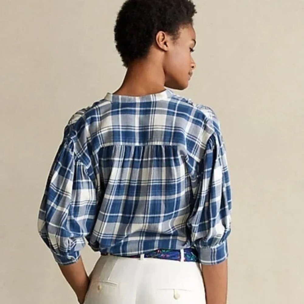 POLO RALPH LAUREN Dian Blue/White Plaid Women's Medium 3/4 Puff Sleeves Shirt - Picture 4 of 16